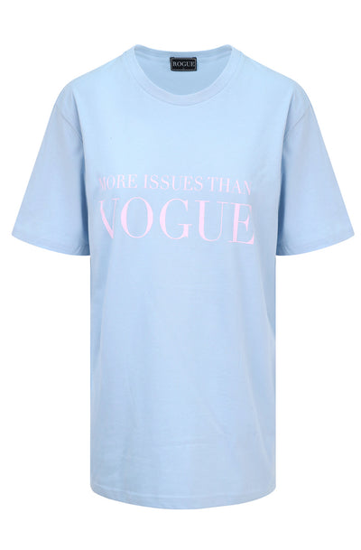 blue organic cotton t-shirt with MORE ISSUES THAN VOGUE PRINT. and vogue edition cover print 