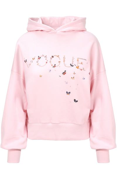 organic cotton pink hoodie with vintage vogue butterfly print