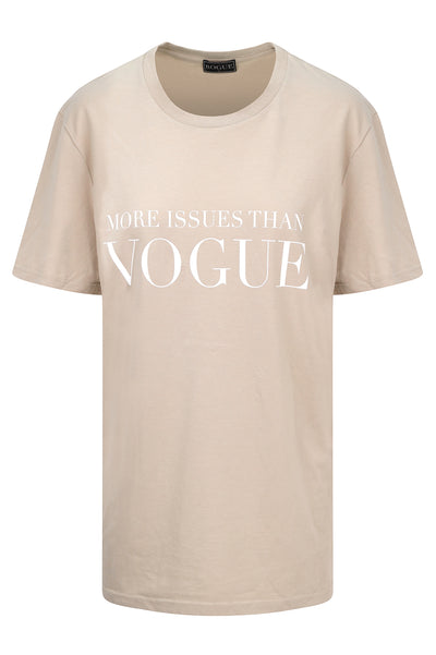 beige organic cotton t-shirt with MORE ISSUES THAN VOGUE PRINT. and vogue 1st edition cover print 